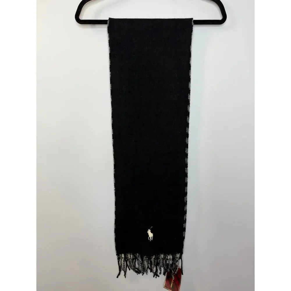Polo Ralph Lauren Lamb Wool bBlack White Gingham Plaid Fringe Scarf New
